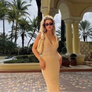 Torn by Ronny Kobo Beige Sleeveless Knit  Dress with Open Back Size Medium.